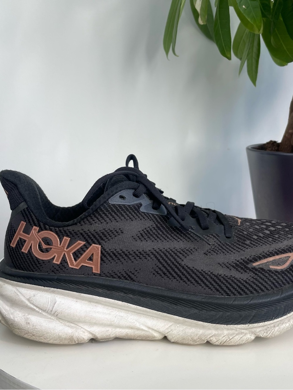 Women Size 9 Hoka Clifton 9 Black Rose Gold White Running Shoes
